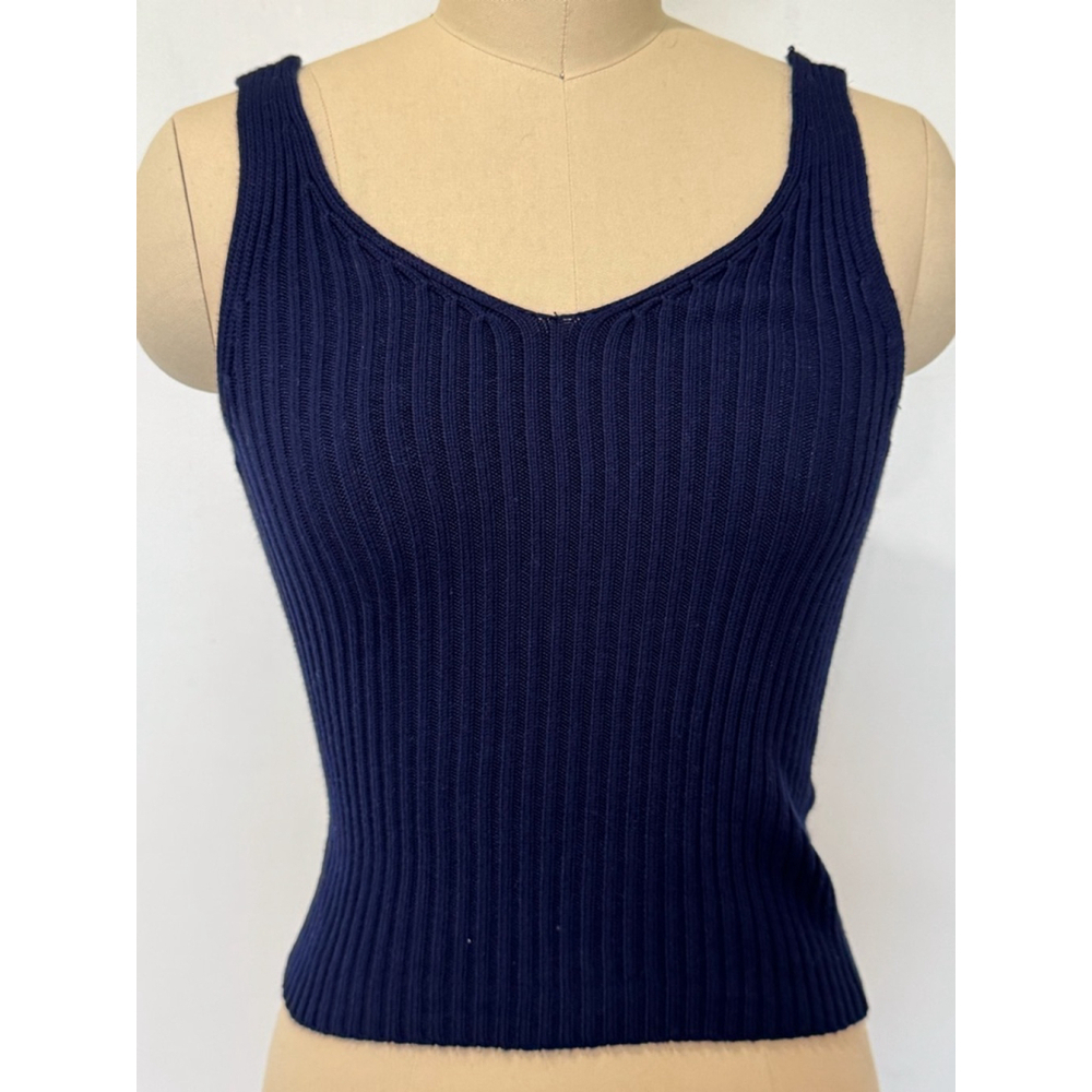 Women dlp v-neck front & back ribbed stretchy Tank sweater Top Size M Blue